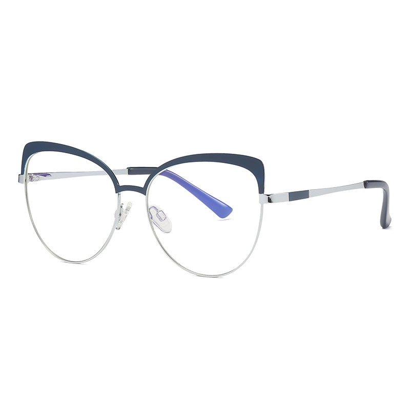 Sculpted Browline Butterfly Spring Hinge Blue Light Blocking Glasses in Polished Silver and Midnight Navy