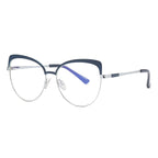 Sculpted Browline Butterfly Spring Hinge Blue Light Blocking Glasses in Polished Silver and Midnight Navy