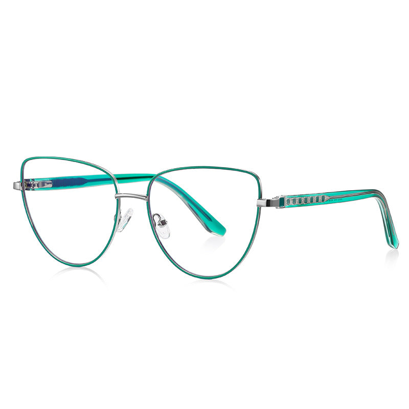 Ladder Temple Metal Cat Eye Blue Light Blocking Glasses in Silver with Emerald Green Enamel Rim