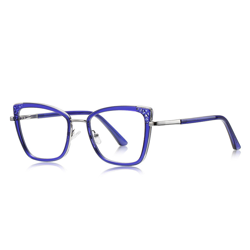 Pavé Corner Cat Eye Blue Light Blocking Glasses in Glossy Solid Black with Gold Bridge & Pavé Corners