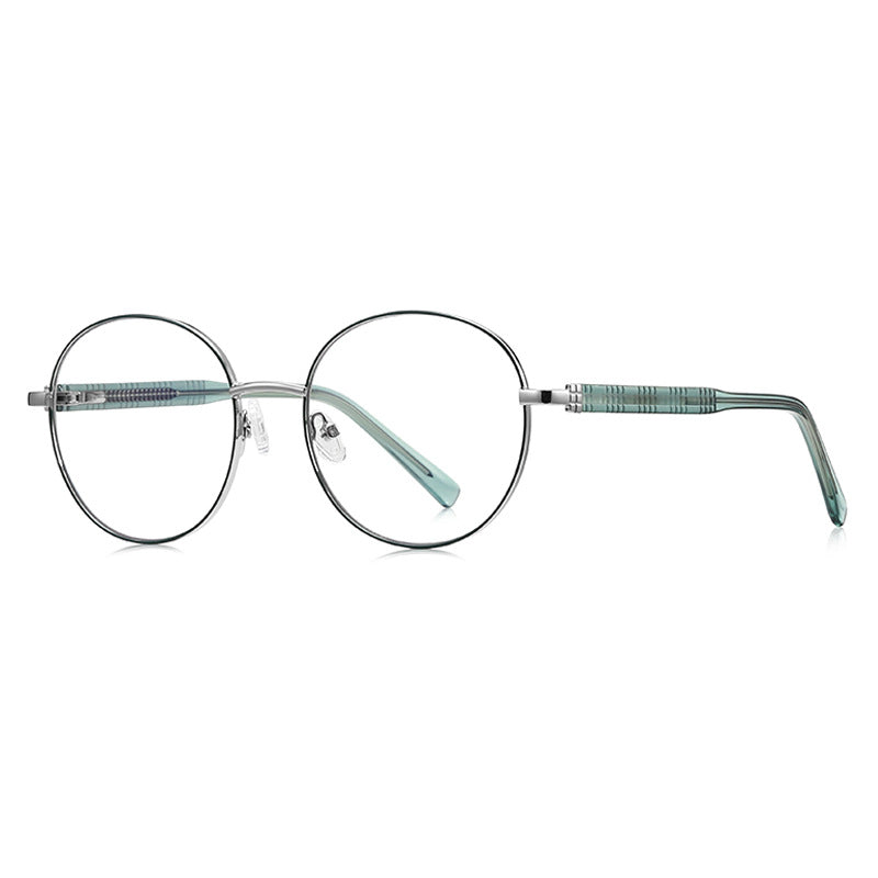 Grid-Texture Metal Round Blue Light Blocking Glasses in Silver with Sage Green Enamel Rim & Green Grid Temples
