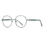 Grid-Texture Metal Round Blue Light Blocking Glasses in Silver with Sage Green Enamel Rim & Green Grid Temples