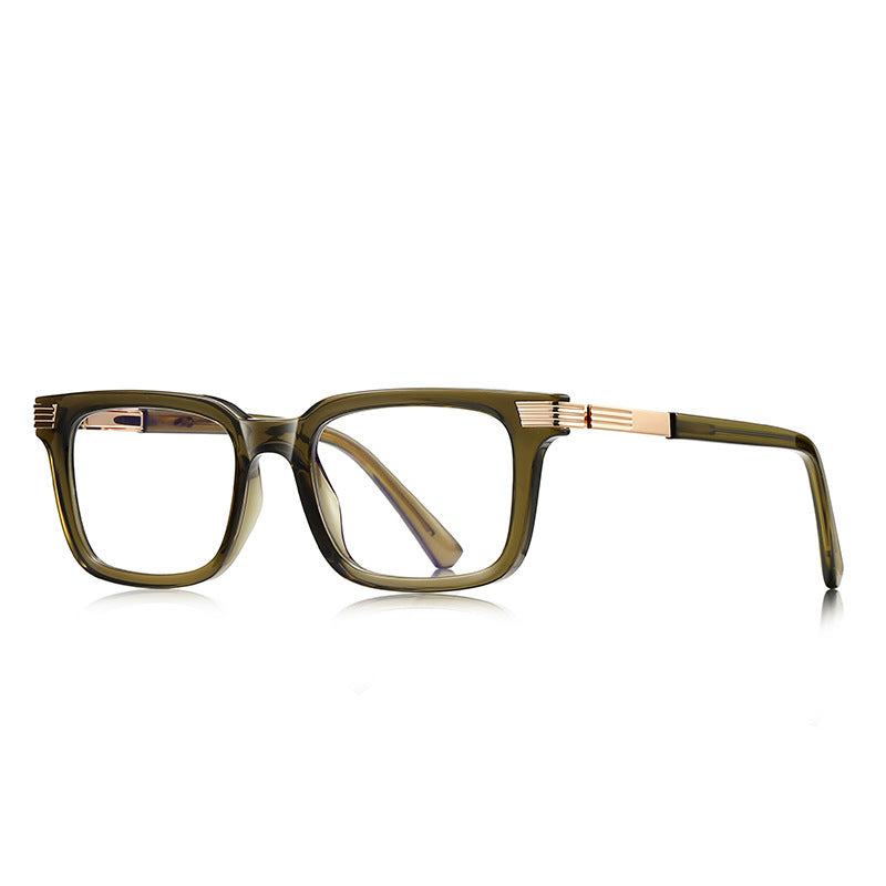Ribbed Bar Square Blue Light Blocking Glasses in Translucent Olive Green with Gold Ribbed Bars
