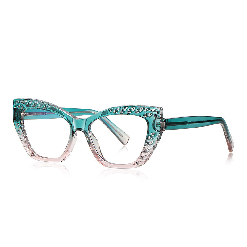 Trellis Cutout Cat Eye Blue Light Blocking Glasses in Emerald Teal Green to Clear Gradient