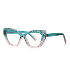 Trellis Cutout Cat Eye Blue Light Blocking Glasses in Emerald Teal Green to Clear Gradient