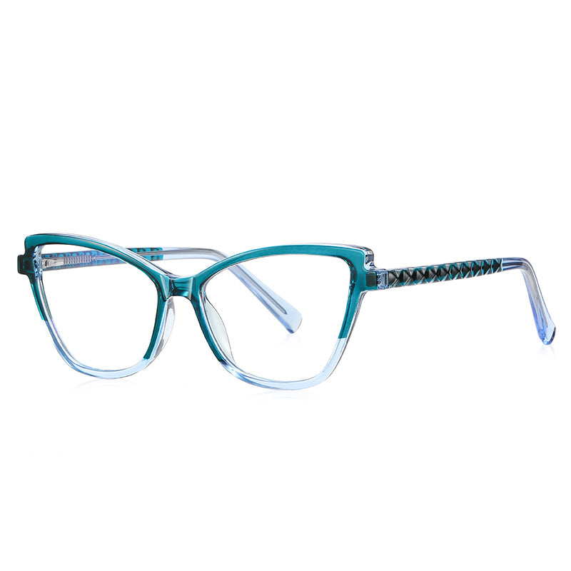 Pyramid Stud Cat Eye Blue Light Blocking Glasses in Translucent Teal &amp; Seafoam with Deep Teal Temples