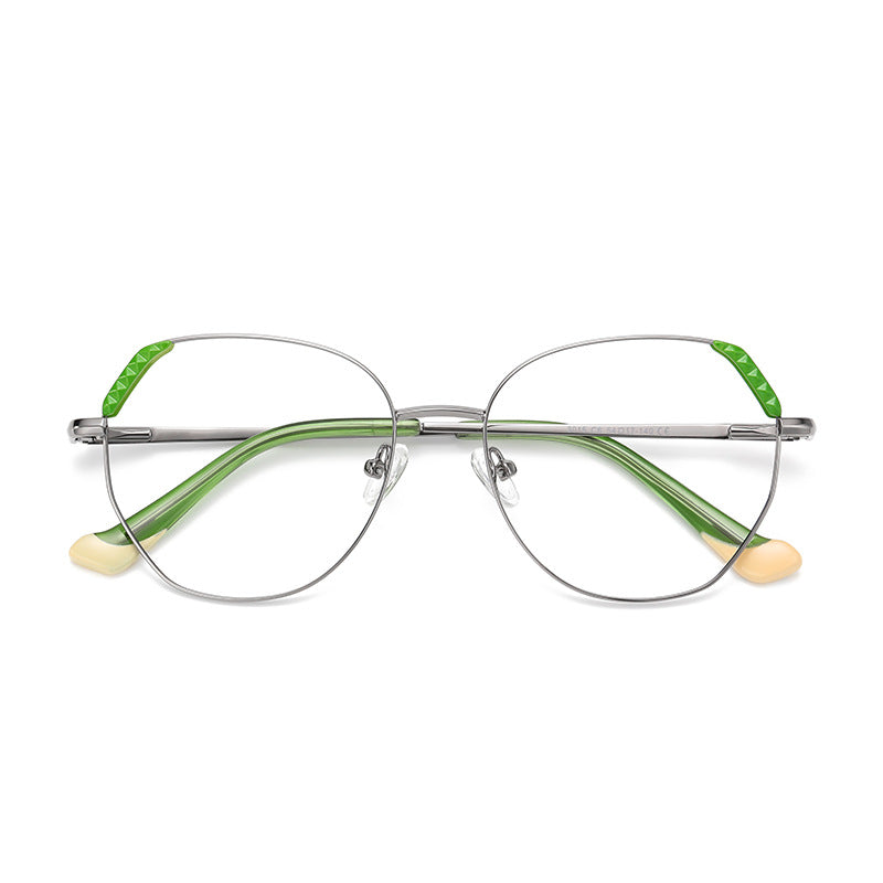 Pyramid Corner Metal Geometric Spring Hinge Blue Light Blocking Glasses in Silver and Lime Green with Cream Dipped Tips
