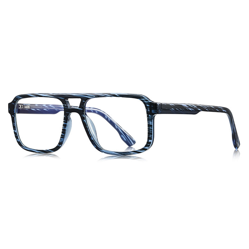 Chunky Flat Top Navigator Blue Light Blocking Glasses in Denim Slate Blue Striped Woodgrain