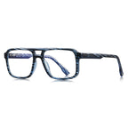 Chunky Flat Top Navigator Blue Light Blocking Glasses in Denim Slate Blue Striped Woodgrain