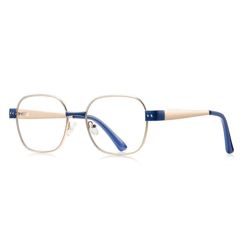 Enamel Accent Metal Square Blue Light Blocking Glasses in Gold & Navy Blue