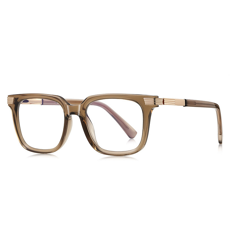 Fluted Bar Square Blue Light Blocking Glasses in Translucent Amber Olive with Gold Fluted Bars