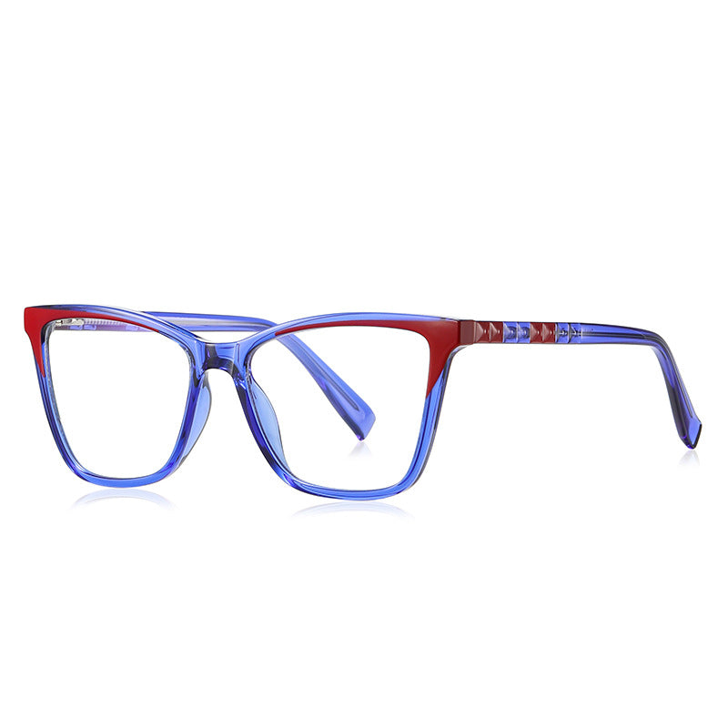 Colorblock Pyramid Stud Cat Eye Blue Light Blocking Glasses in Royal Blue with Red Wingtips