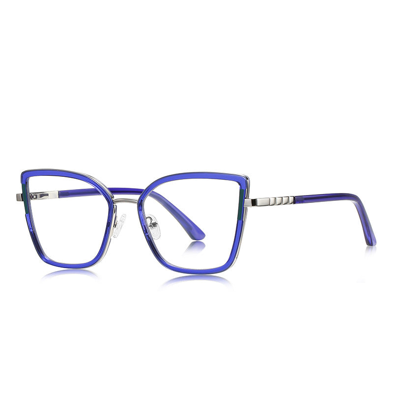 Segmented Temple Metal Square Blue Light Blocking Glasses in Silver & Cobalt Blue