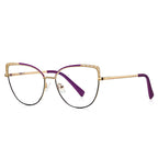 Eyelet Brow Metal Cat Eye Spring Hinge Blue Light Blocking Glasses in Polished Gold with Violet Purple Enamel Brow, Cutout Eyelet Wings, and Dark Plum Gradient Lower Rim
