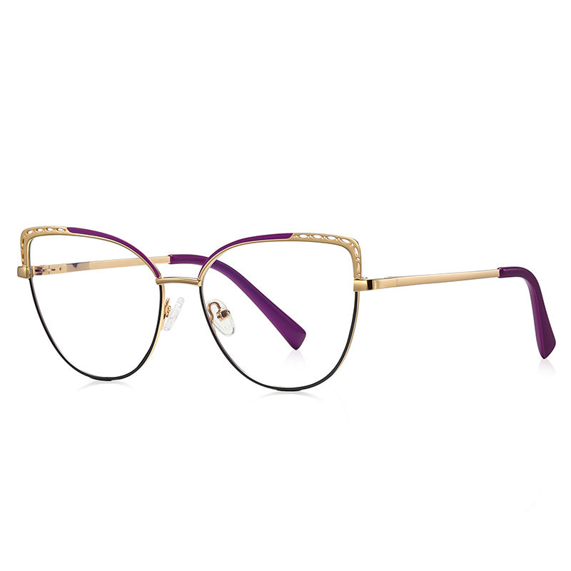 Eyelet Brow Metal Cat Eye Spring Hinge Blue Light Blocking Glasses in Polished Gold with Violet Purple Enamel Brow, Cutout Eyelet Wings, and Dark Plum Gradient Lower Rim