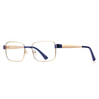 Dual Rivet Metal Rectangle Blue Light Blocking Glasses in Gold with Blue Bridge & Endpiece Blocks