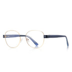 Dual Rivet Metal Panto Blue Light Blocking Glasses in Gold with Navy Blue Bridge & Blue Rivet Endpieces