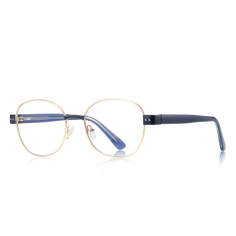 Dual Rivet Metal Panto Blue Light Blocking Glasses in Gold with Navy Blue Bridge & Blue Rivet Endpieces