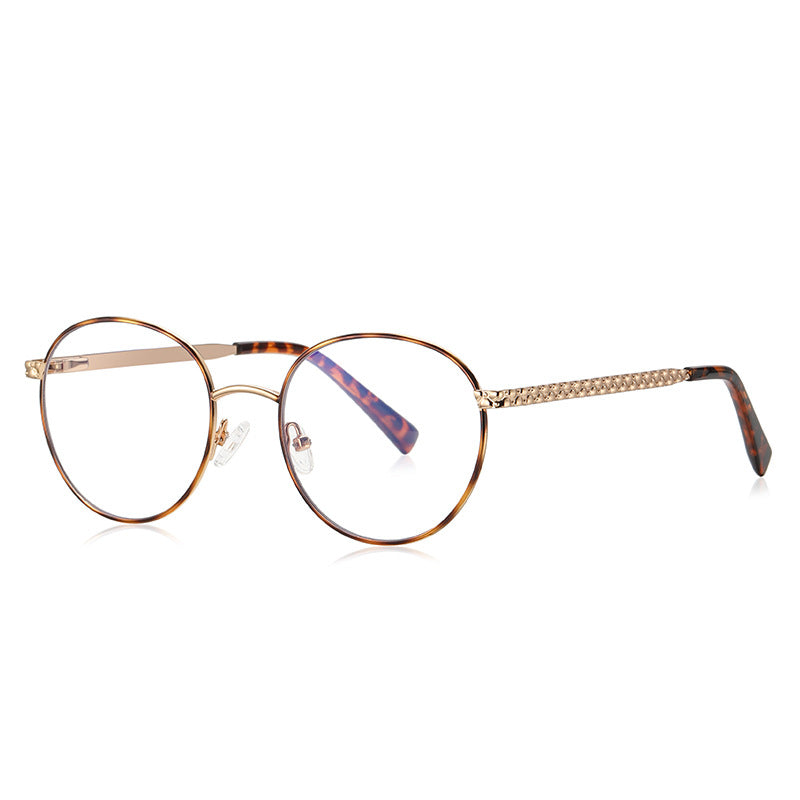 Chain-Link Temple Round Blue Light Blocking Glasses in Gold with Tortoiseshell Rim