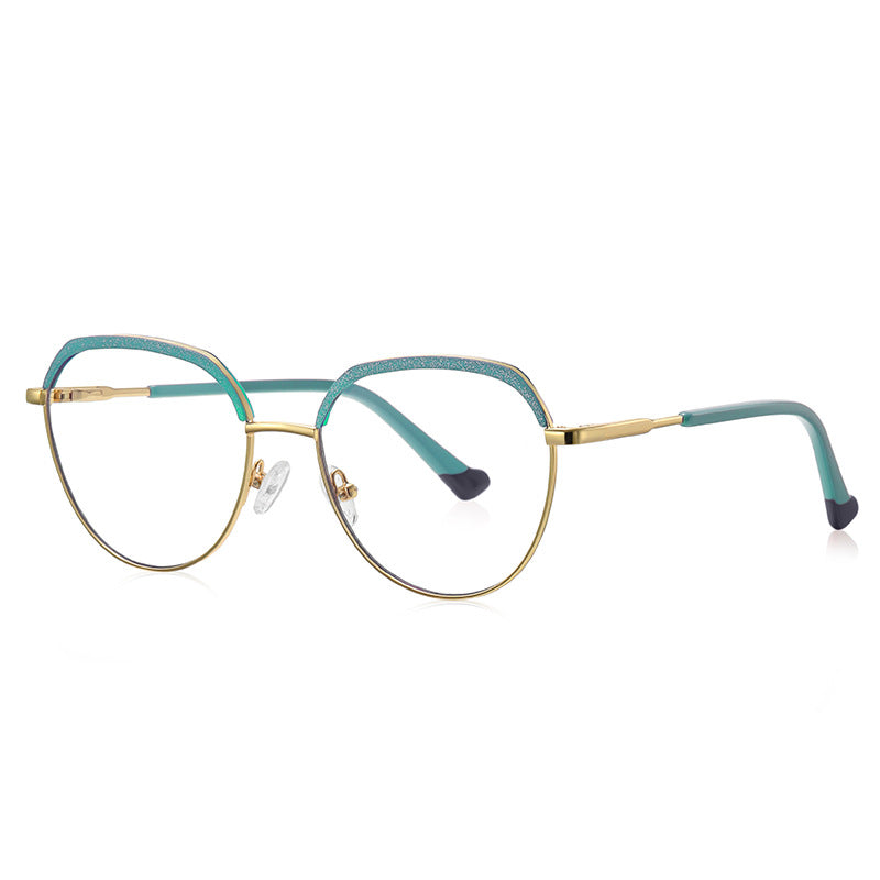LENSVA Glitter Brow Round Spring Hinge Blue Light Glasses in Emerald Teal Glitter and Gold