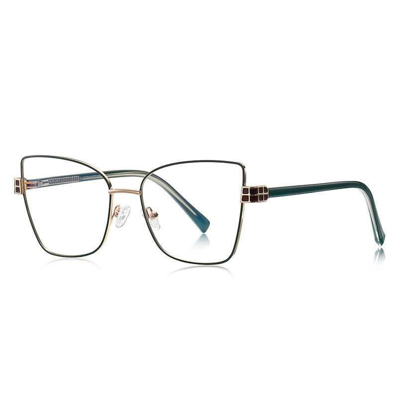 LENSVA Checkered Hinge Metal Butterfly Blue Light Glasses in Gold & Emerald Green