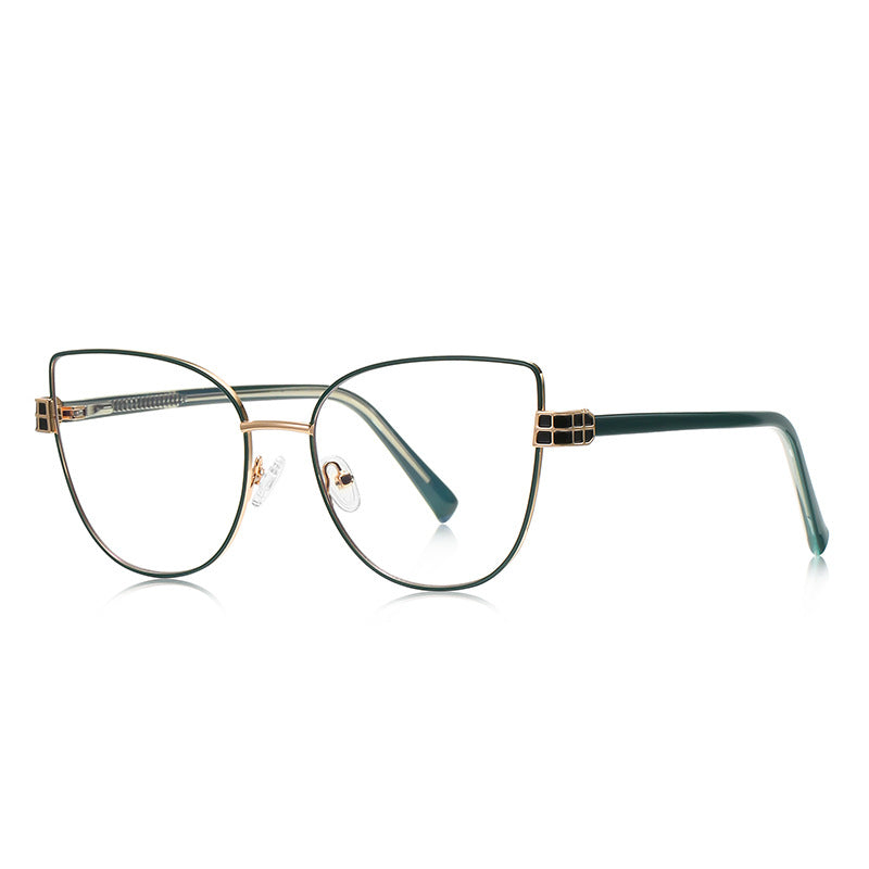 Grid Hinge Metal Cat Eye Blue Light Blocking Glasses in Gold with Forest Green Enamel Rim