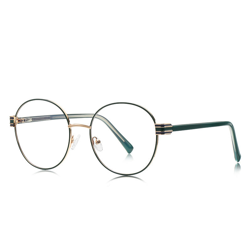 Fluted Hinge Metal Round Blue Light Blocking Glasses in Gold with Emerald Green Rim
