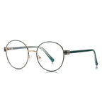 Fluted Hinge Metal Round Blue Light Blocking Glasses in Gold with Emerald Green Rim