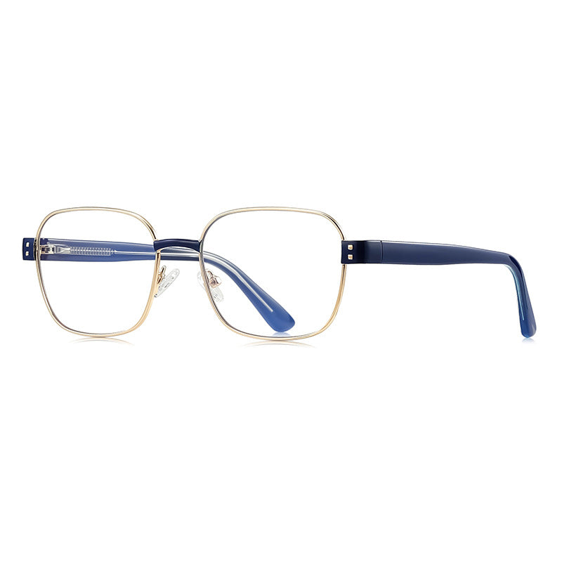 Dual Rivet Metal Square Blue Light Blocking Glasses in Gold & Navy Blue