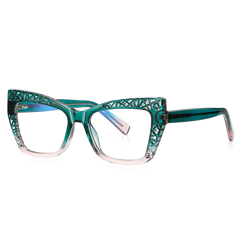 Cutout Lattice Cat Eye Blue Light Blocking Glasses in Emerald Teal to Clear Gradient