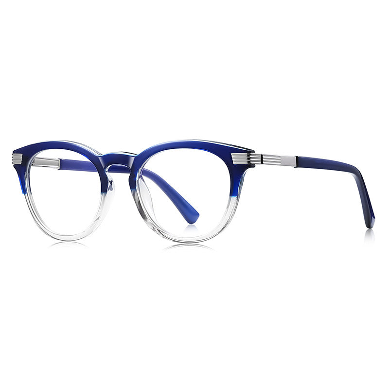 Ribbed Bar Round Blue Light Blocking Glasses in Two-Tone Royal Cobalt Blue Gradient with Silver Ribbed Bar Accents