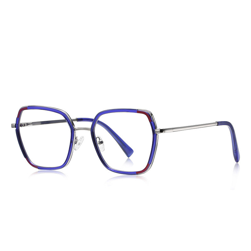 Corner Accent Square Blue Light Blocking Glasses in Silver &amp; Cobalt Blue with Red Accents