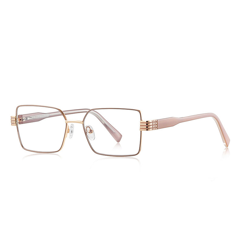 Oversized Square Metal Multi-Groove Hinge Blue Light Blocking Glasses in Pink Rose Gold