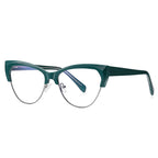 Faceted Browline Cat Eye Spring Hinge Blue Light Blocking Glasses in Emerald Green and Silver