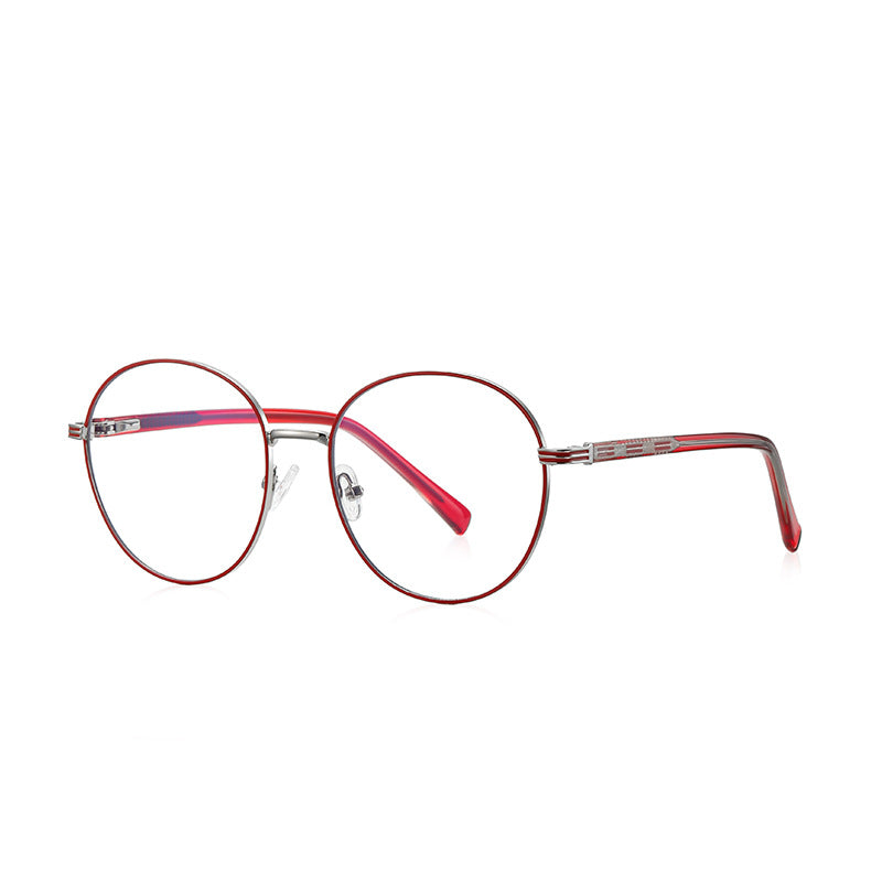 Banded Hinge Metal Round Blue Light Blocking Glasses in Silver with Crimson Red Enamel Rim