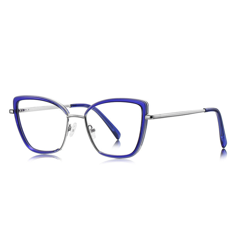 Acetate Liner Cat Eye Blue Light Blocking Glasses in Silver with Royal Indigo Blue Liner