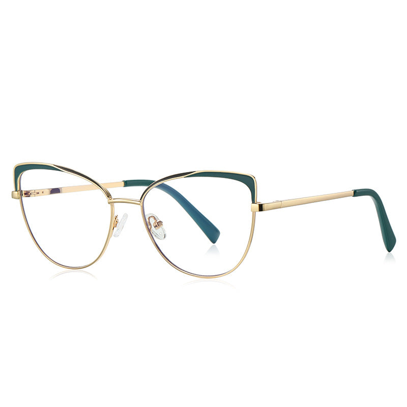 Striped Brow Butterfly Blue Light Blocking Glasses in Gold with Emerald Green Striped Brow