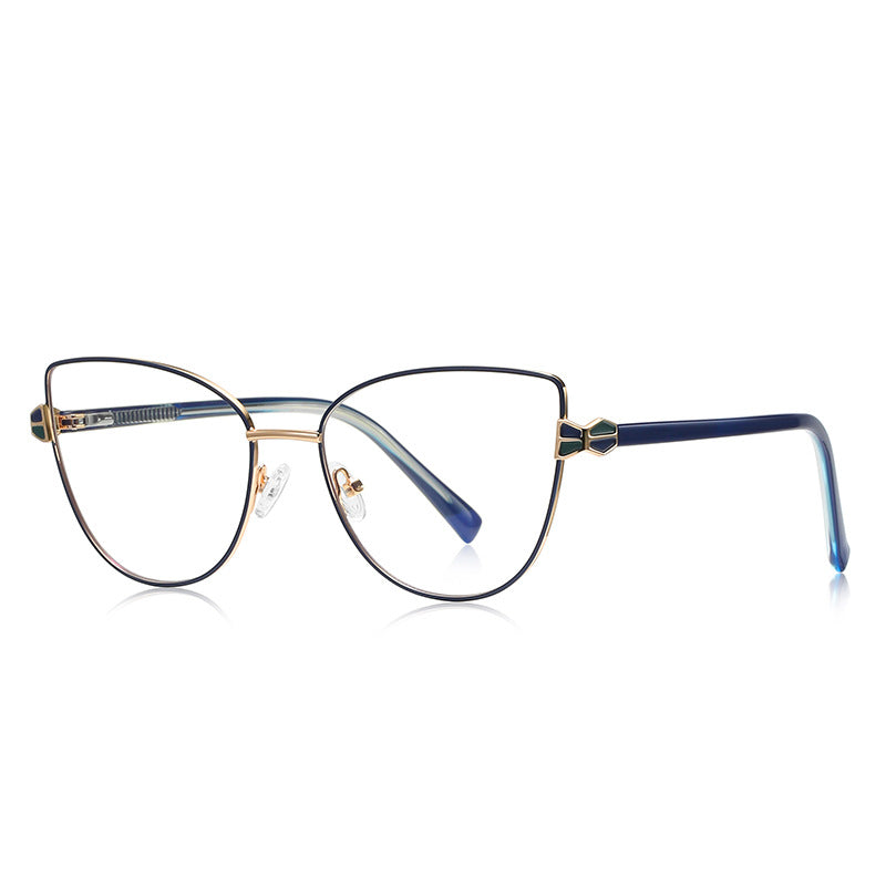 Hourglass Hinge Metal Cat Eye Blue Light Blocking Glasses in Navy Teal &amp; Gold