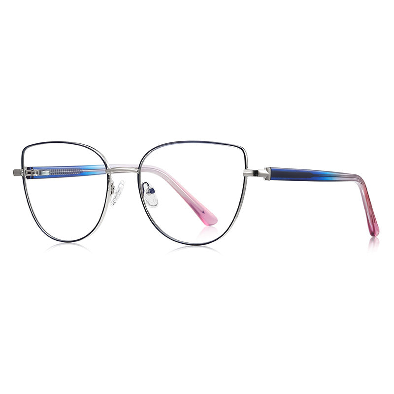 Enamel Trim Cat Eye Blue Light Blocking Glasses in Silver with Black Enamel Rim & Blue/Pink Temples