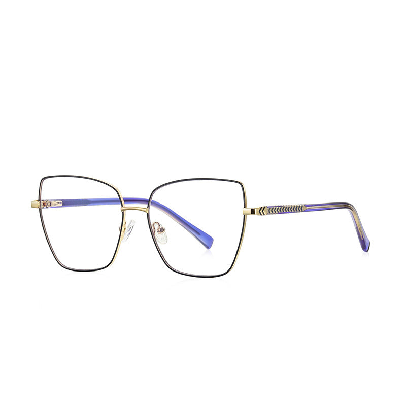 Chevron Band Metal Cat Eye Spring Hinge Blue Light Blocking Glasses in Royal Cobalt Blue with Gold Bridge & Chevron Temples