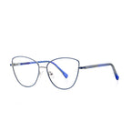 Geometric Lattice Metal Cat Eye Spring Hinge Blue Light Blocking Glasses in Polished Silver and Royal Blue