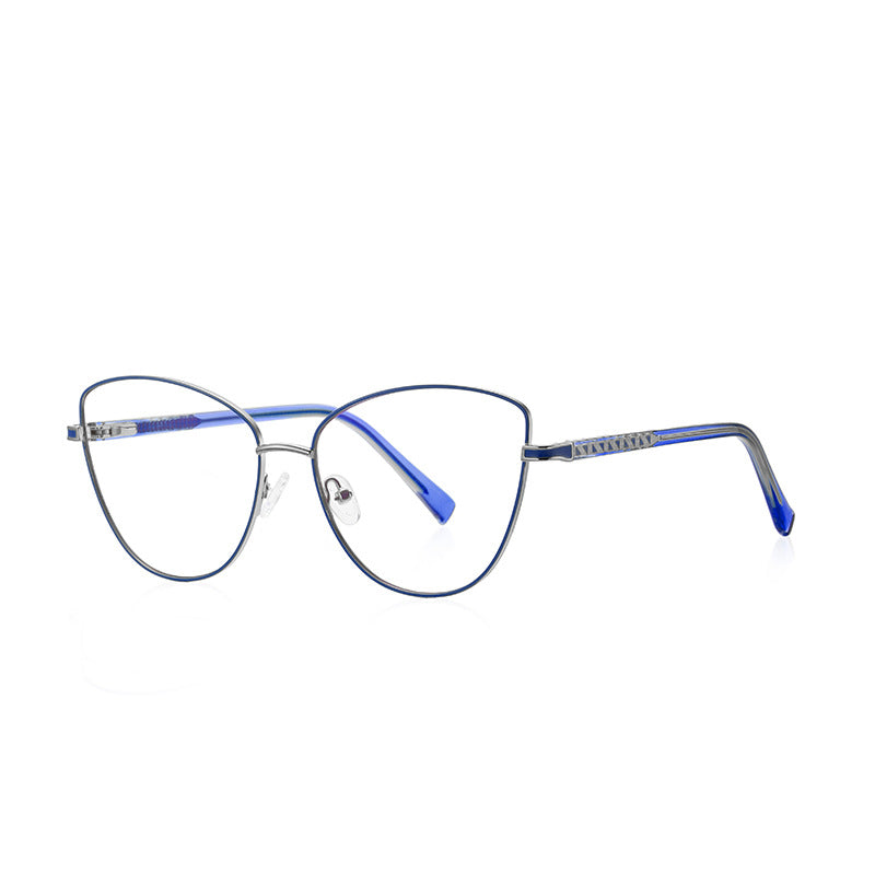Geometric Lattice Metal Cat Eye Spring Hinge Blue Light Blocking Glasses in Polished Silver and Royal Blue