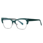 Wire Rim Browline Cat Eye Blue Light Blocking Glasses in Emerald Forest Green & Silver