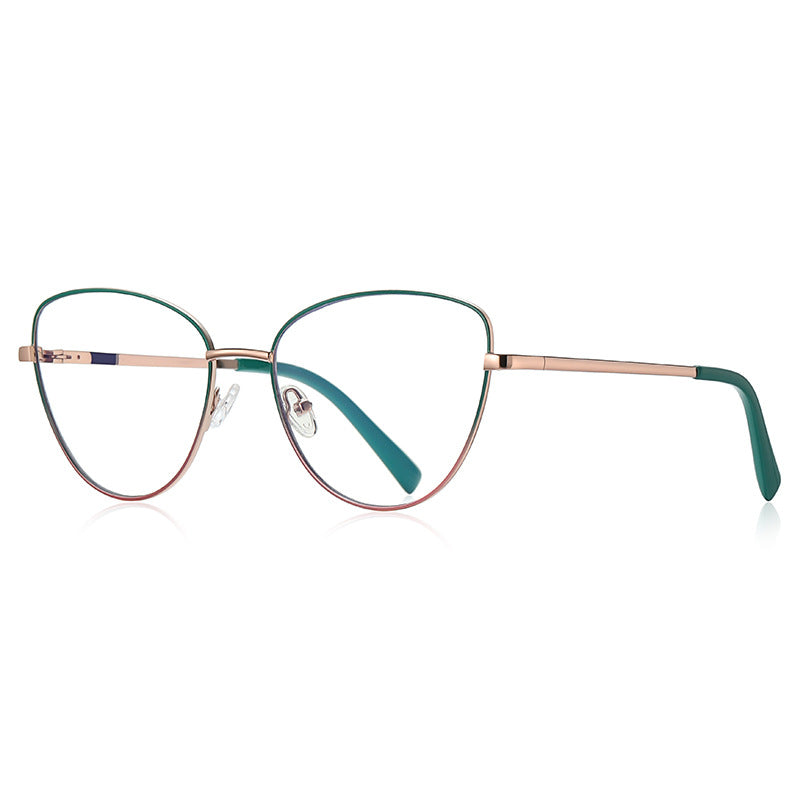 Enamel Rim Metal Cat Eye Blue Light Blocking Glasses in Rose Gold with Forest Green Enamel Rim