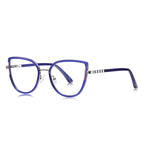 Segmented Temple Metal Cat Eye Blue Light Blocking Glasses in Silver & Cobalt Blue