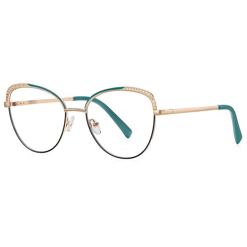 Beaded Brow Cat Eye Spring Hinge Blue Light Blocking Glasses in Emerald Green with Gold Frame