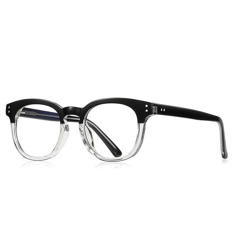 Dual Rivet Round Blue Light Blocking Glasses in Black & Clear Two-Tone