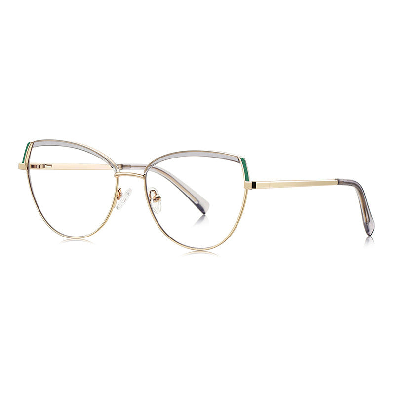 Contrast Brow Metal Cat Eye Blue Light Blocking Glasses in Gold with Emerald Green & White Contrast Brow