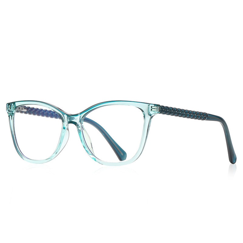 Braided Temple Cat Eye Blue Light Blocking Glasses in Translucent Mint Aqua with Teal Temples