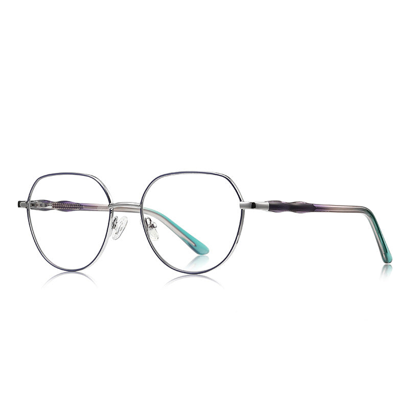 Bamboo Joint Geometric Round Blue Light Blocking Glasses in Silver with Teal Bamboo Temples
